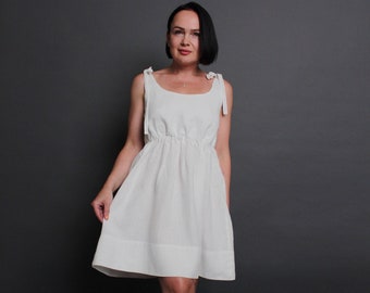 White Linen Sundress: Sleeveless Tie Strap Pinafore Dress