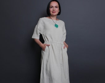 Elegant Natural Linen Maxi Dress: Long Summer Dress with Pockets