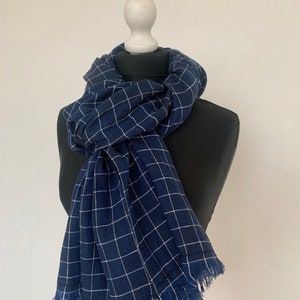 NAVY BLUE CHECK Linen scarf for men, linen unisex large scarf, soft linen scarf, oversized scarf, wide scarf, birthday gift, Christmas gift