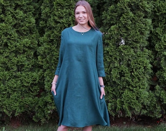 ALLIE Long sleeve linen trapeze dress with side pockets for women, linen midi dress, elegant women clothing, wide dress, A-line linen dress