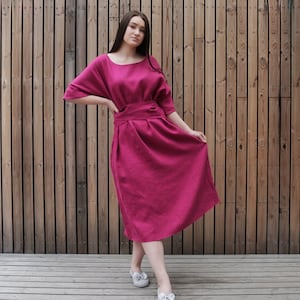 IZA Linen kimono sleeve dress, Japanese style dress with pockets, wrap linen dress, minimalist summer dress, boho linen dress for women