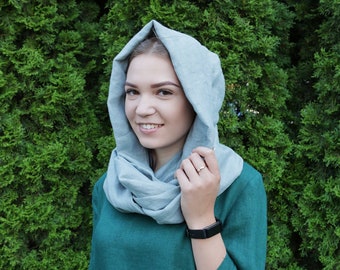 Christmas gift, Linen Hooded Scarf, natural linen round scarf with hood, women scarf, hood scarf, minimalist scarf, linen circle women scarf