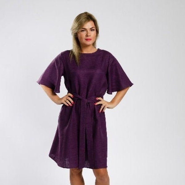 Aubergine colour summer linen dress RUBY, Loose dress, wide sleeve dress, elegant women clothes, oversized dress with belt, party dress