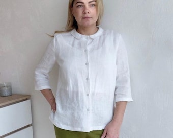 ASTRID WHITE linen shirt womens, linen blouse 3/4 sleeve, women's clothing, official outfit, long sleeve linen shirt, Peter Pan collar shirt