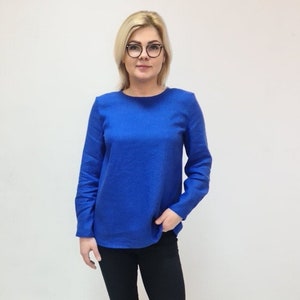 Royal blue linen long blouse LILY, long sleeve back buttoned shirt