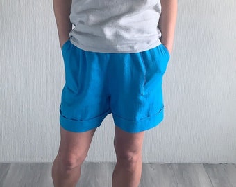 Casual Blue Colour Women Shorts With Elastic Waistband, Summer Linen Shorts, Women Clothing, Plus Size Shorts, Vintage Clothing, Linen