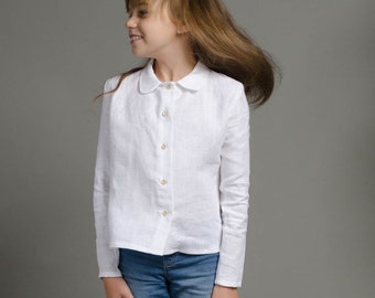 Linen long sleeves white shirt with natural wooden buttons for girl, toddler  girl shirt, shirt for school, collared shirt, linen clothing