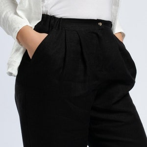 Linen black classic pants with zipper and side pockets, high waisted pants with elastic waistband at the back, comfortable pleated trousers image 3