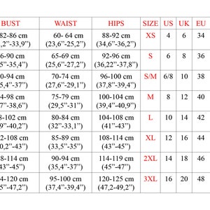 May include: Size chart for clothing with measurements in inches and centimetres, and corresponding US, UK, EU, and IT sizes. The chart includes sizes XS, S, S/M, M, L, XL, 2XL, and 3XL.