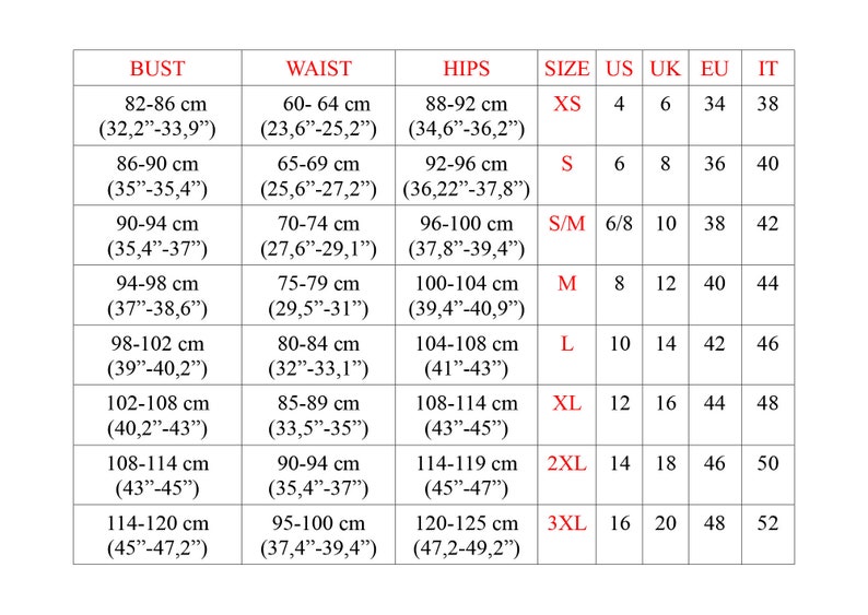 May include: Size chart for clothing with measurements in inches and centimetres, and corresponding US, UK, EU, and IT sizes. The chart includes sizes XS, S, S/M, M, L, XL, 2XL, and 3XL.