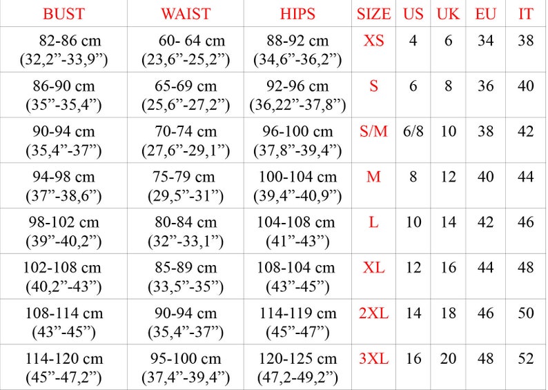 Może przedstawiać: Tabela rozmiar&oacute;w odzieży, pokazująca wymiary biustu, talii i bioder w centymetrach i calach. Rozmiary od XS do 3XL, z odpowiadającymi rozmiarami US, UK, EU i włoskimi. Tabela pomaga znaleźć odpowiedni rozmiar.