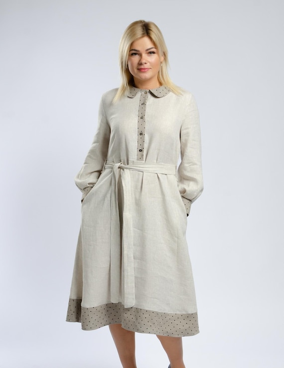 Natural Linen Shirt Dress: Handmade Collared Midi Dress with Belt