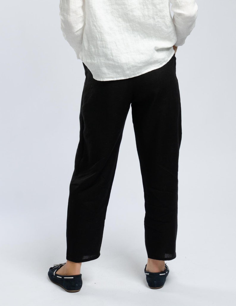 Linen black classic pants with zipper and side pockets, high waisted pants with elastic waistband at the back, comfortable pleated trousers image 6