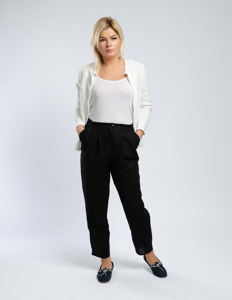 Linen black classic pants with zipper and side pockets, high waisted pants with elastic waistband at the back, comfortable pleated trousers image 1