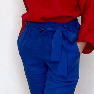 Haut à col rond et pantalon taille haute pour femme, costume en lin, ensemble deux pièces décontracté à manches longues, tunique rouge et pantalon à nouer, tenue d'été image 5