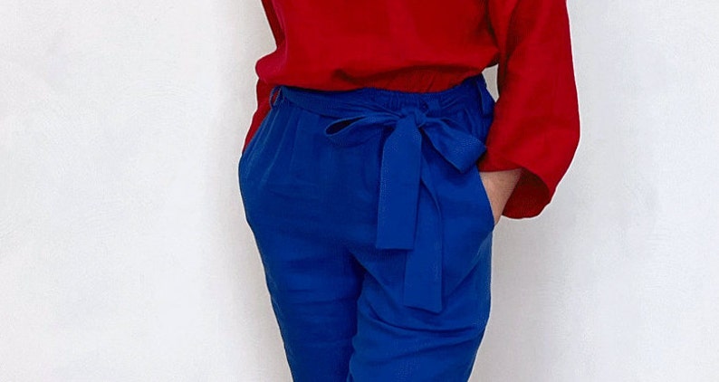Haut à col rond et pantalon taille haute pour femme, costume en lin, ensemble deux pièces décontracté à manches longues, tunique rouge et pantalon à nouer, tenue d'été image 5