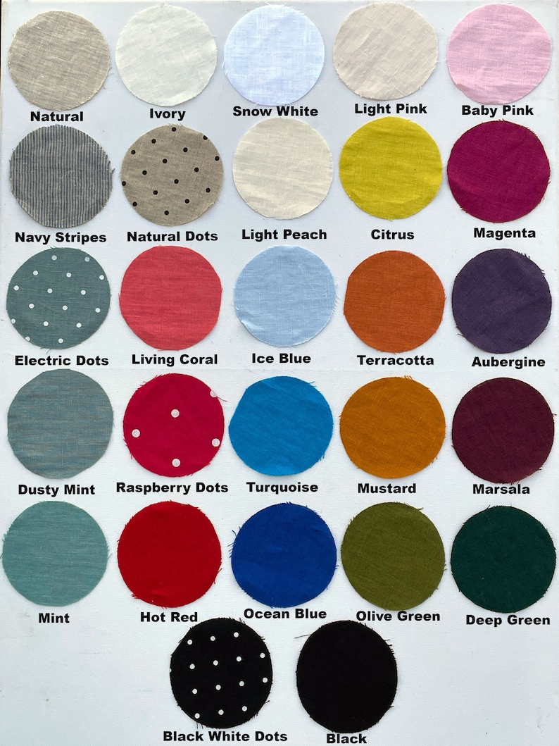 May include: A chart of 18 fabric swatches in various colors and patterns, including natural, ivory, snow white, light pink, baby pink, navy stripes, natural dots, light peach, citrus, magenta, electric dots, living coral, ice blue, terracotta, aubergine, dusty mint, raspberry dots, turquoise, mustard, marsala, mint, hot red, ocean blue, olive green, deep green, black white dots, and black.