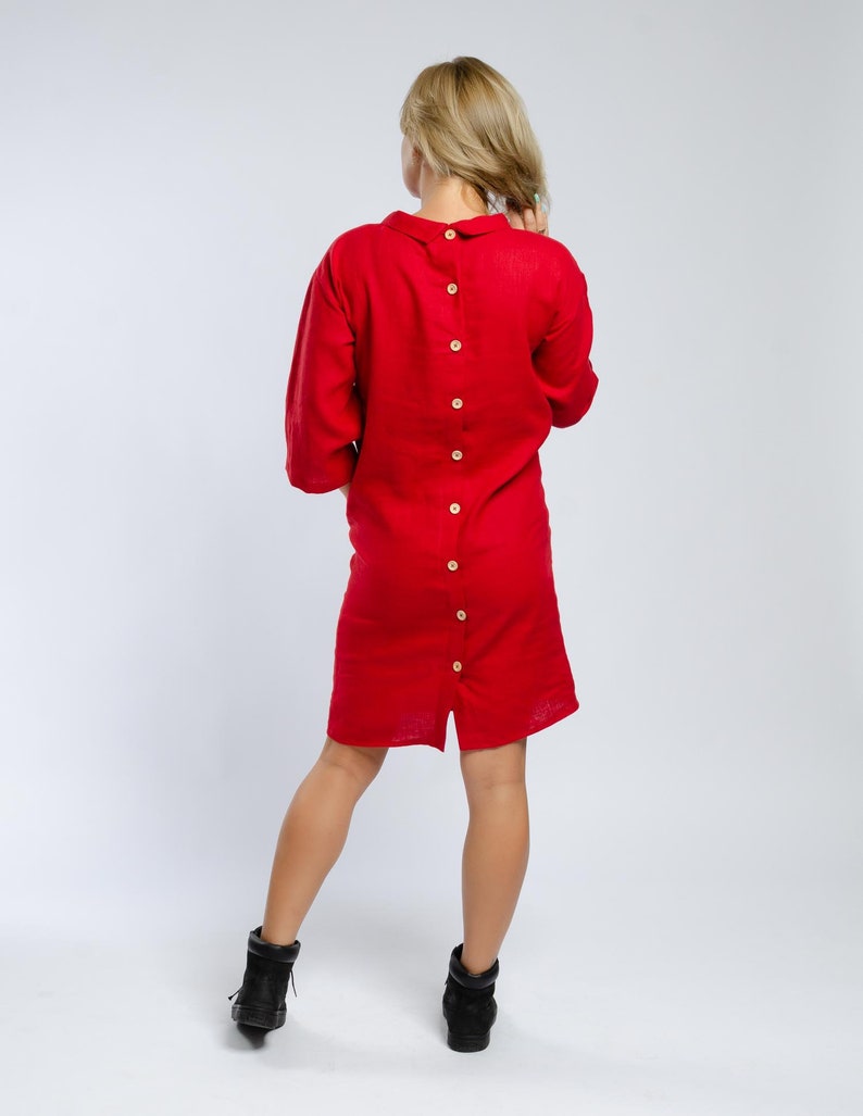 Elegant red button back shift dress and patch pockets, 3/4 sleeves shirt dress, Christmas dress, knee length dress, official outfit image 2