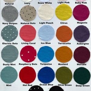 May include: A chart of 18 fabric swatches in various colors and patterns, including natural, ivory, snow white, light pink, baby pink, navy stripes, natural dots, light peach, citrus, magenta, electric dots, living coral, ice blue, terracotta, aubergine, dusty mint, raspberry dots, turquoise, mustard, marsala, mint, hot red, ocean blue, olive green, deep green, black white dots, and black.