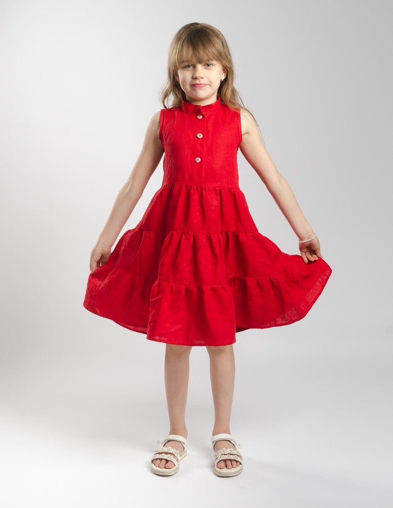 Red Linen Sleeveless Puffy Ruffles Dress For Girl, Christmas Dress, Birthday Dress, Children Clothing, Gift for daughter, loose fit dress image 2