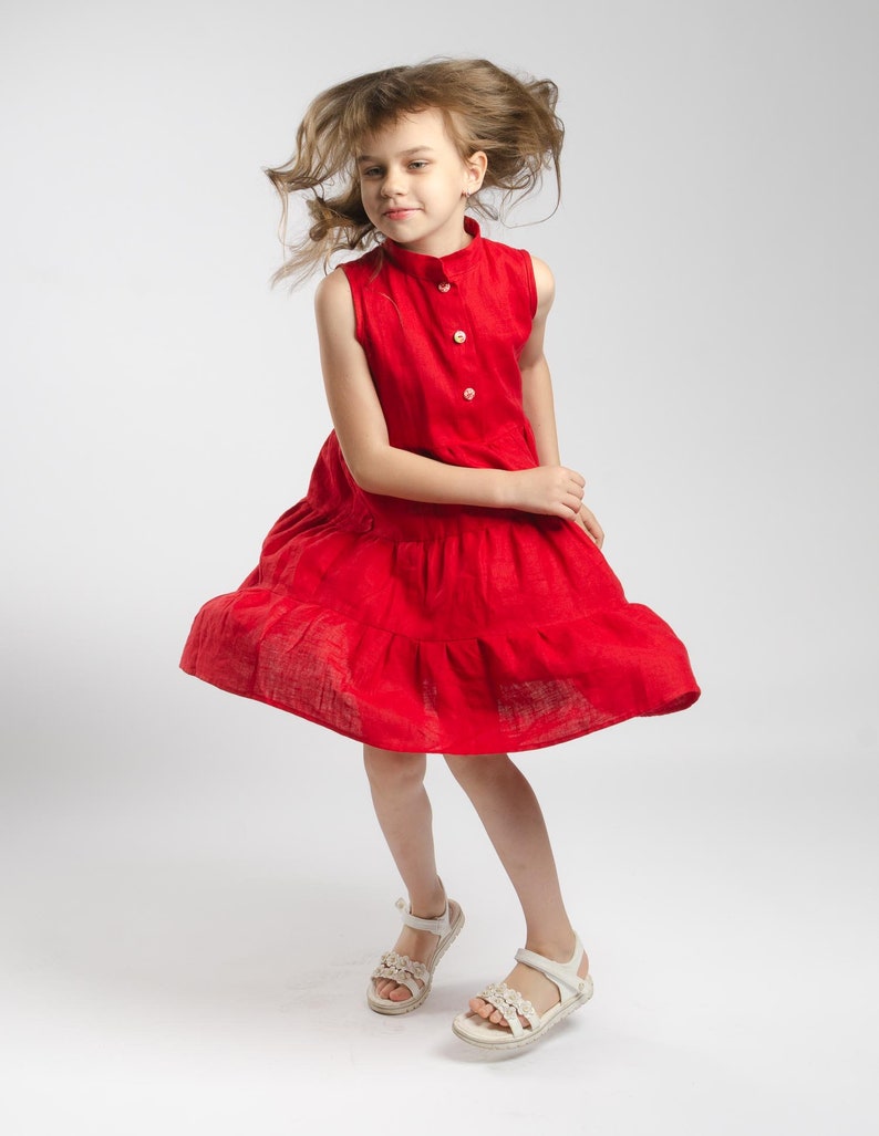 Red Linen Sleeveless Puffy Ruffles Dress For Girl, Christmas Dress, Birthday Dress, Children Clothing, Gift for daughter, loose fit dress image 5