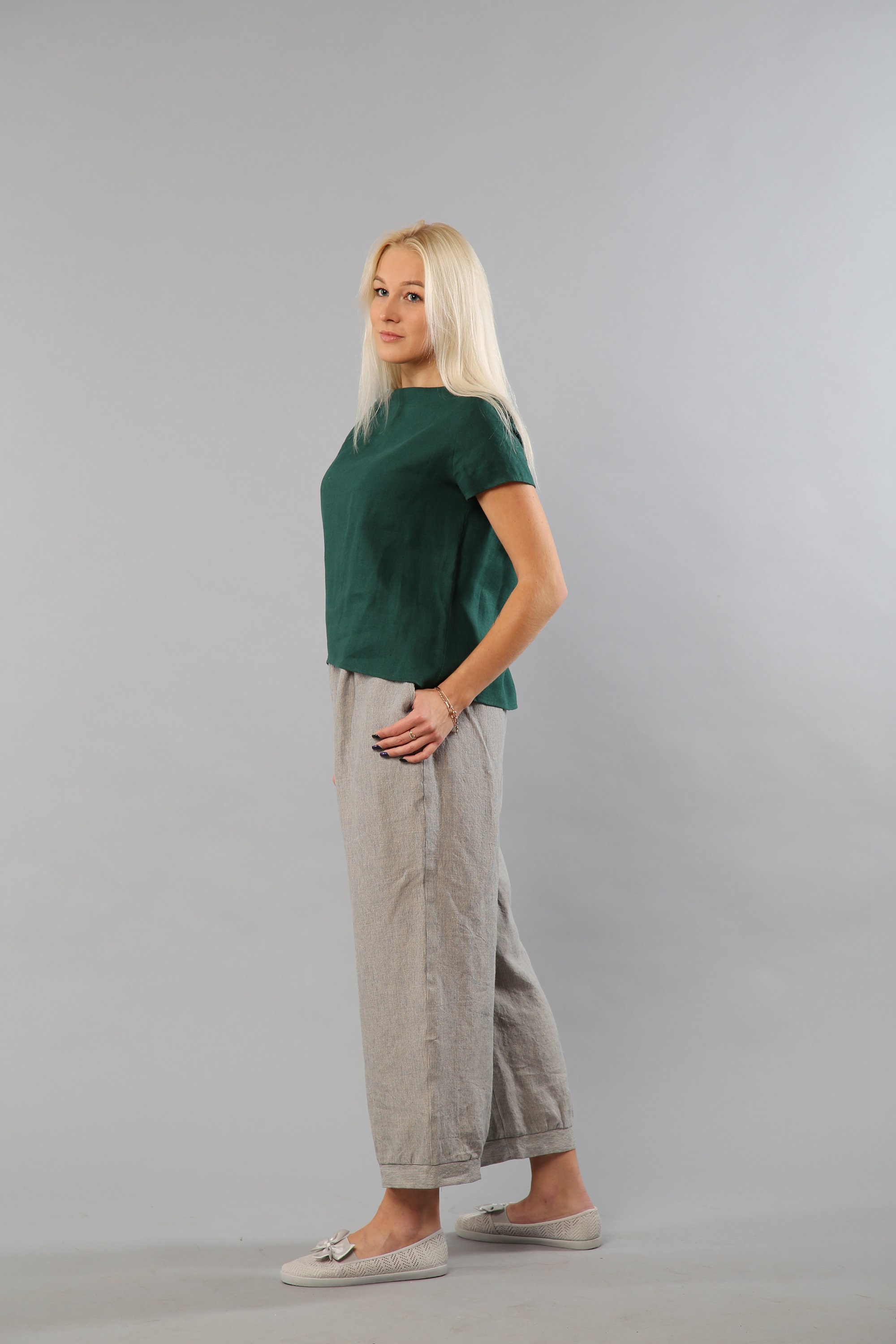 Women Elastic Waist Striped Linen Baggy Pants With Pockets, Wide