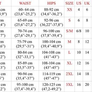 May include: A size chart for clothing with measurements in inches and centimeters. The chart includes bust, waist, hips, and size conversions for XS, S, S/M, M, L, XL, 2XL, and 3XL. The chart also includes US, UK, EU, and IT sizes.