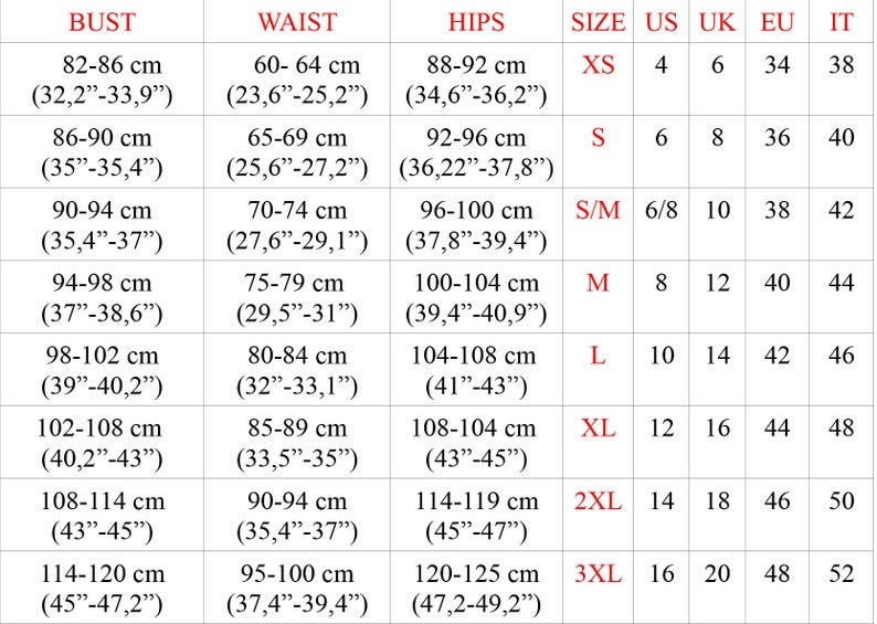 May include: A size chart for clothing with measurements in inches and centimeters. The chart includes bust, waist, hips, and size conversions for XS, S, S/M, M, L, XL, 2XL, and 3XL. The chart also includes US, UK, EU, and IT sizes.