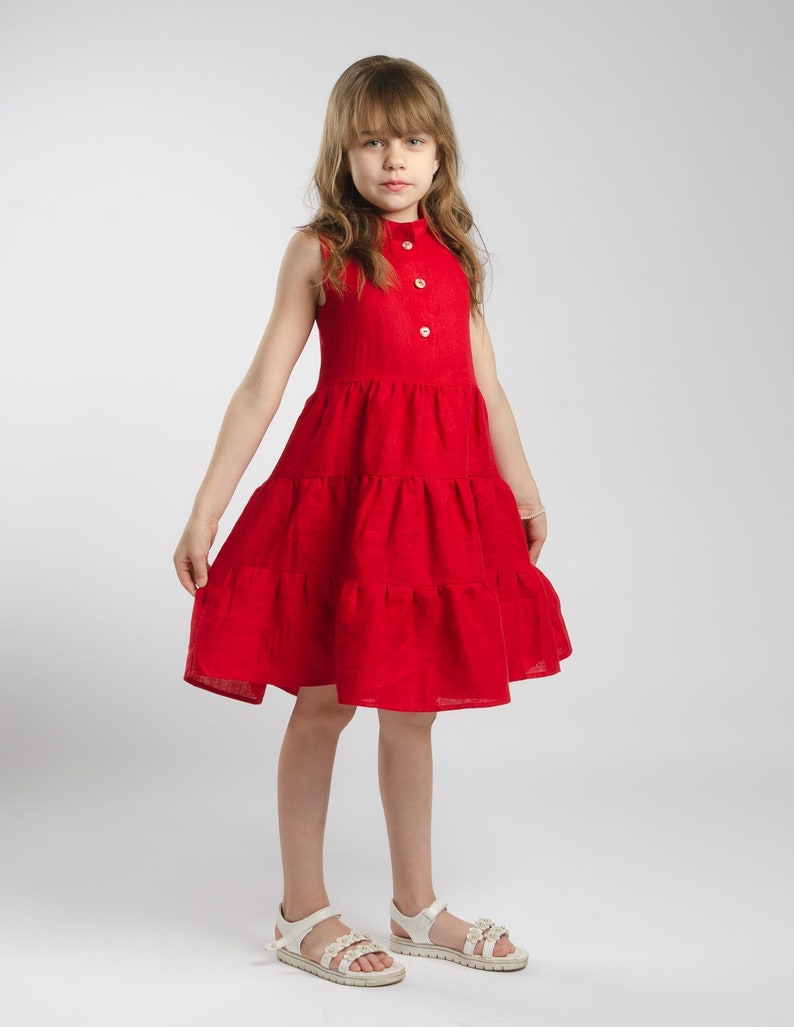Red Linen Sleeveless Puffy Ruffles Dress For Girl, Christmas Dress, Birthday Dress, Children Clothing, Gift for daughter, loose fit dress image 3