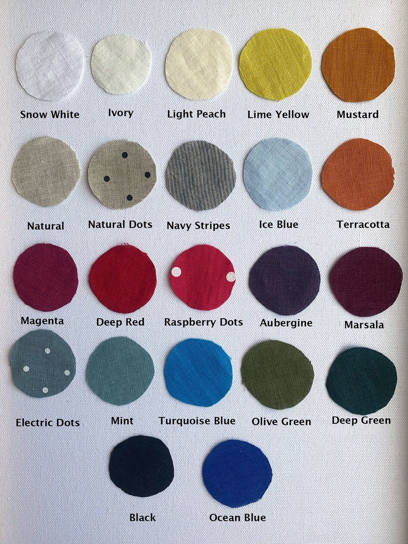 May include: A chart of 18 fabric swatches in various colors and patterns, including snow white, ivory, light peach, lime yellow, mustard, natural, natural dots, navy stripes, ice blue, terracotta, magenta, deep red, raspberry dots, aubergine, marsala, electric dots, mint, turquoise blue, olive green, deep green, black, and ocean blue.
