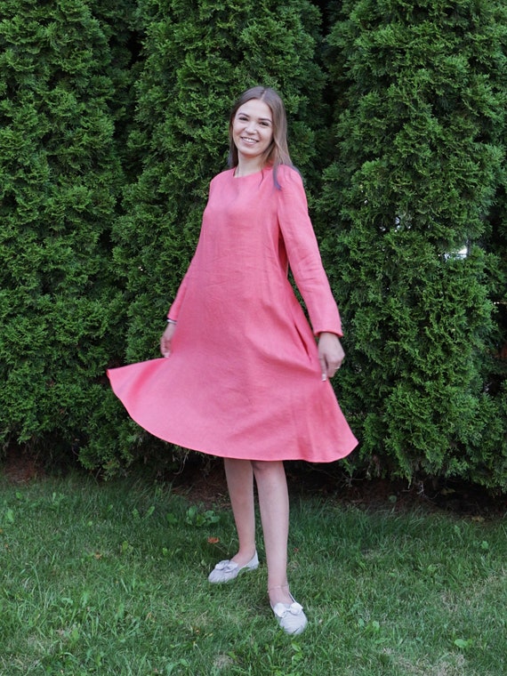 ALICIA Long Sleeve Linen Trapeze Dress With Side Pockets for Women, Linen  Midi Dress, Elegant Women Clothing, Wide Dress, A-line Linen Dress
