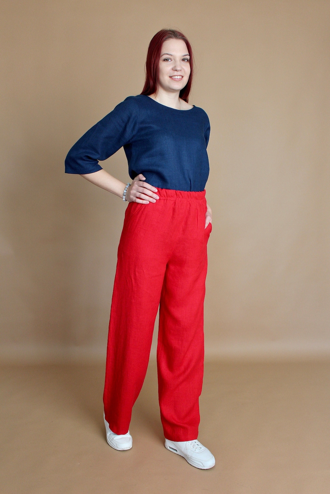 RED High Waist Wideleg Linen Pants, Comfortable Oversized Pant, Womens — free download