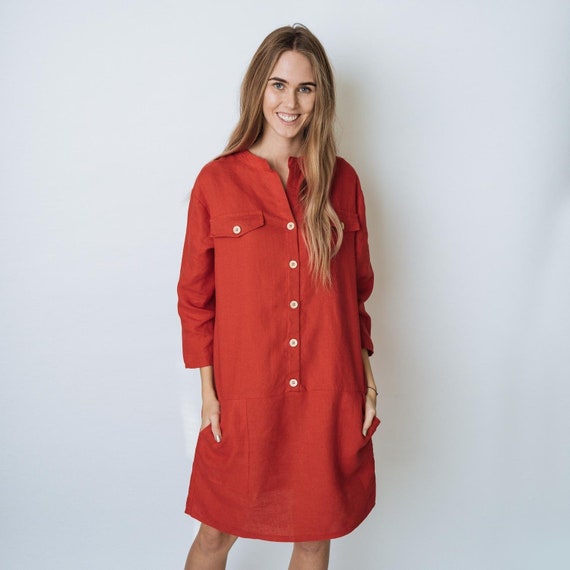ALMA Red Linen Shirt-dress for Women With Pockets, Loose Linen Shirt Dress  With Buttons, Oversized Linen Dress, Handmade Linen Clothing - Etsy