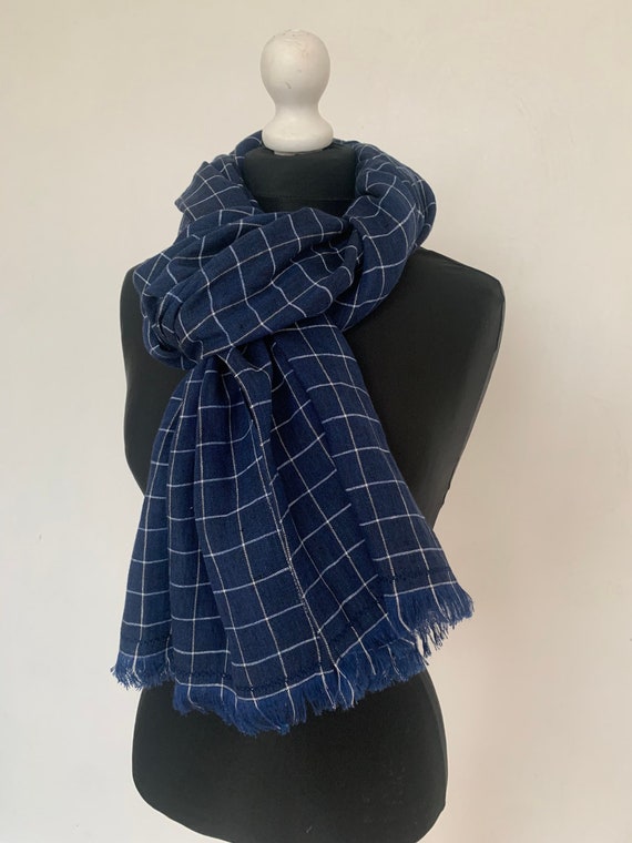 NAVY BLUE CHECK Linen Scarf for Men Linen Unisex Large Scarf Etsy