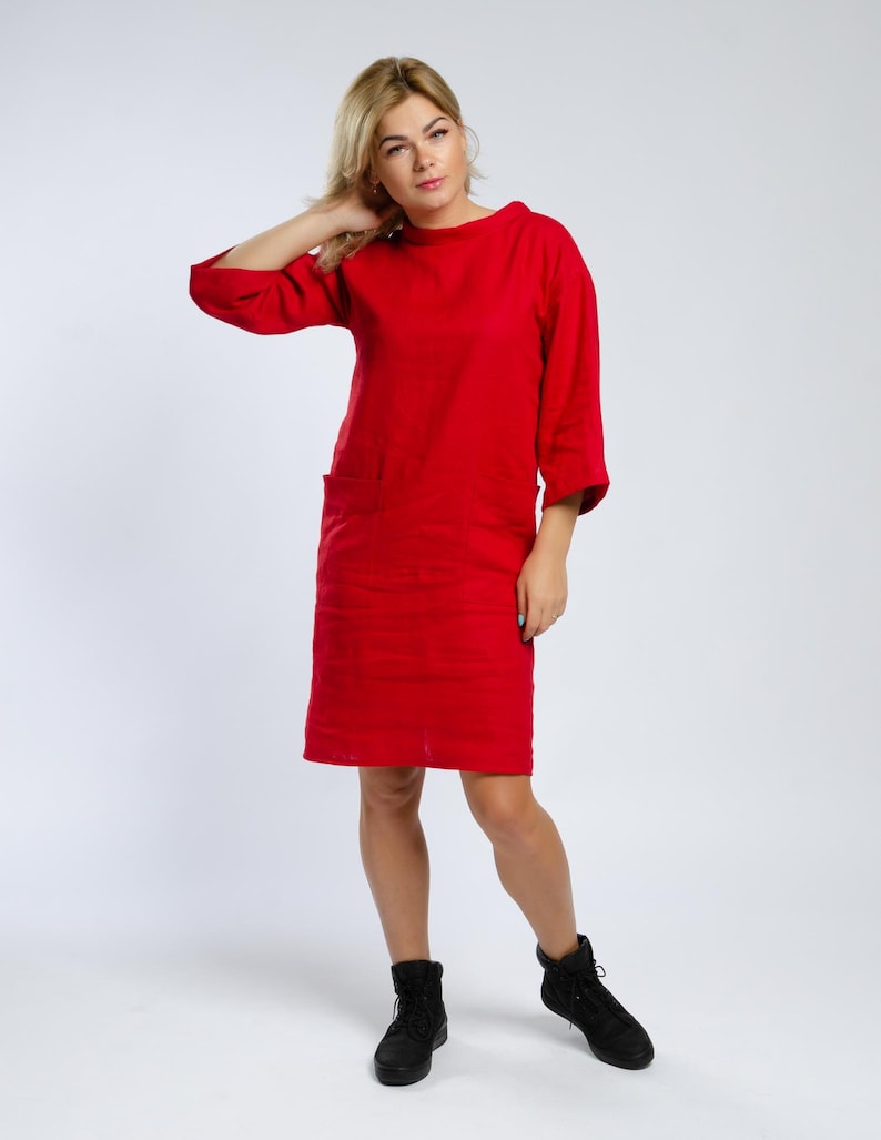 Elegant red button back shift dress and patch pockets, 3/4 sleeves shirt dress, Christmas dress, knee length dress, official outfit image 4