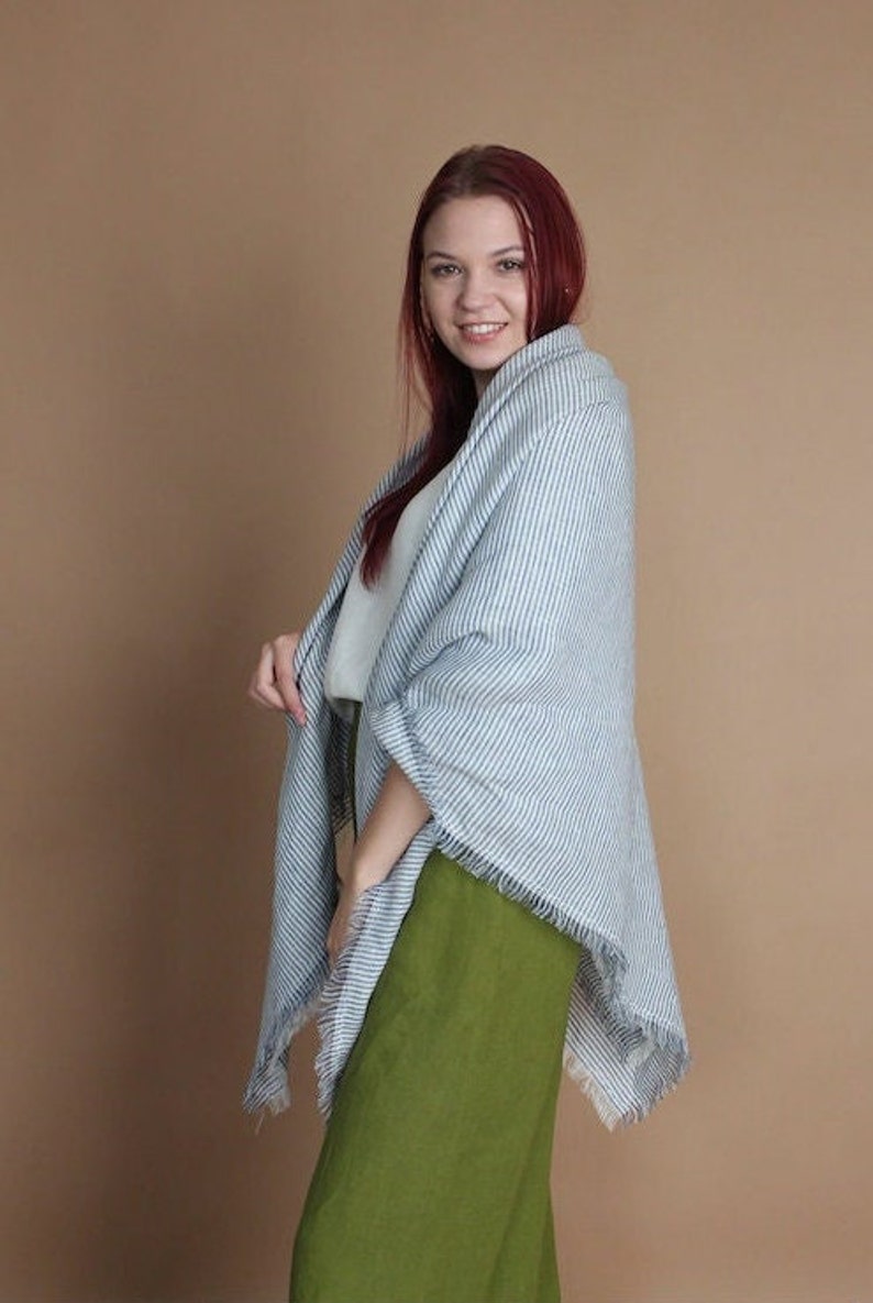 BLUE Striped Softened Linen shawl/scarf, Natural Lightweight Linen, Prewashed Linen Wrap, Unisex Scarf, large Shawl, Gift Idea, Accessories image 4