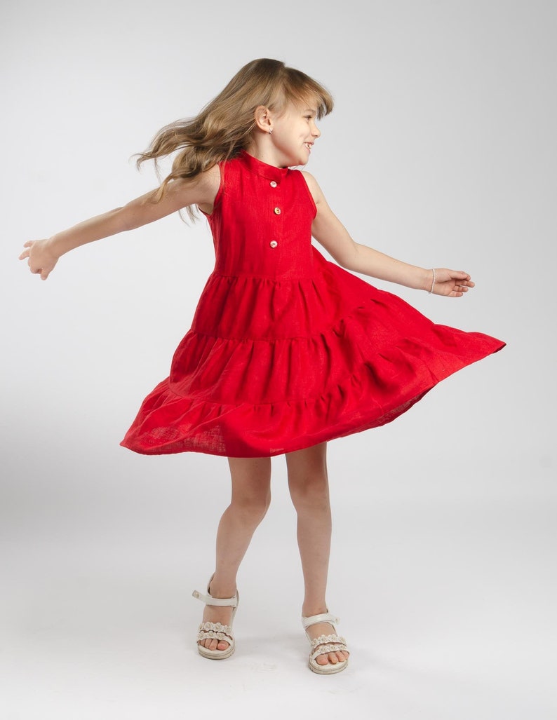 Red Linen Sleeveless Puffy Ruffles Dress For Girl, Christmas Dress, Birthday Dress, Children Clothing, Gift for daughter, loose fit dress image 1