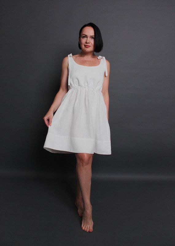 white linen dress tie straps Final Sale Plus Size Self Tie Strap Light Weight Linen Blend Dress in Off White