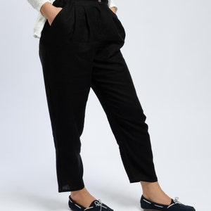 Linen black classic pants with zipper and side pockets, high waisted pants with elastic waistband at the back, comfortable pleated trousers image 5