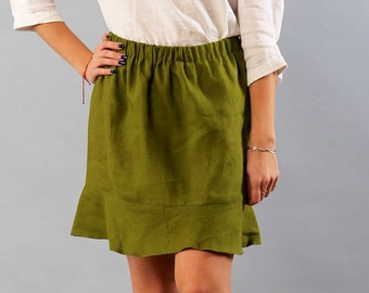 Linen mini skirt for women, ruffle skirt, short linen skirt, high waist skirt, soft linen skirt, linen skirts for women, olive green skirt