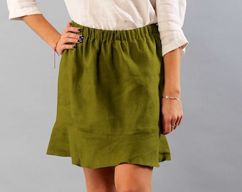 Linen mini skirt for women, ruffle skirt, short linen skirt, high waist skirt, soft linen skirt, linen skirts for women, olive green skirt