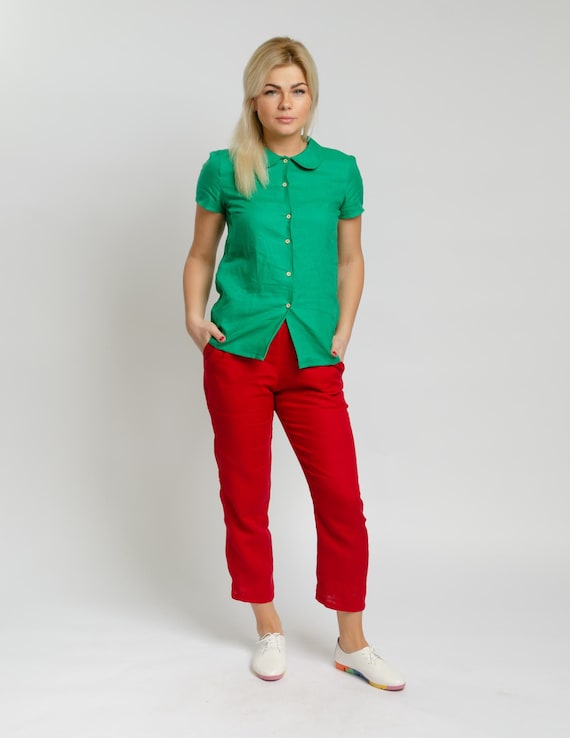 High waist linen red trousers for women with side pockets Cora, Japanese pants, cropped pants, capris, linen clothing, classic linen pants