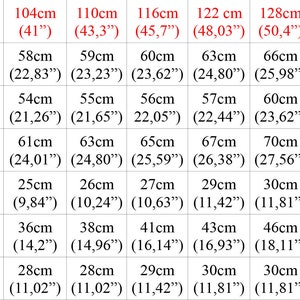 May include: A chart showing boys' clothing sizes in inches and centimeters. The chart includes measurements for bust, waist, hips, back length, long sleeve length, and neck. The sizes range from 38 inches to 57 inches.