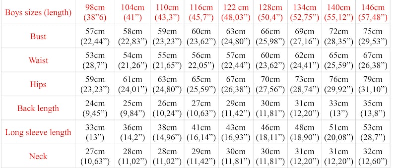 May include: A chart showing boys' clothing sizes in inches and centimeters. The chart includes measurements for bust, waist, hips, back length, long sleeve length, and neck. The sizes range from 38 inches to 57 inches.