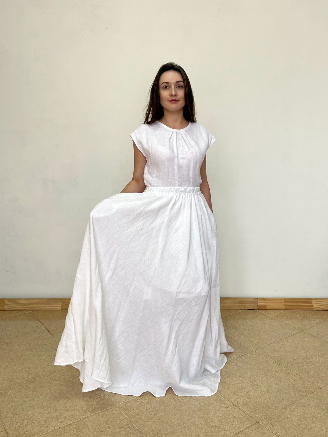WHITE linen maxi skirt with inner pockets long flowy skirt | Etsy