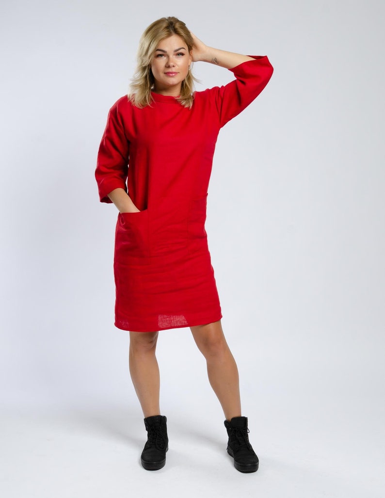 Elegant red button back shift dress and patch pockets, 3/4 sleeves shirt dress, Christmas dress, knee length dress, official outfit image 3