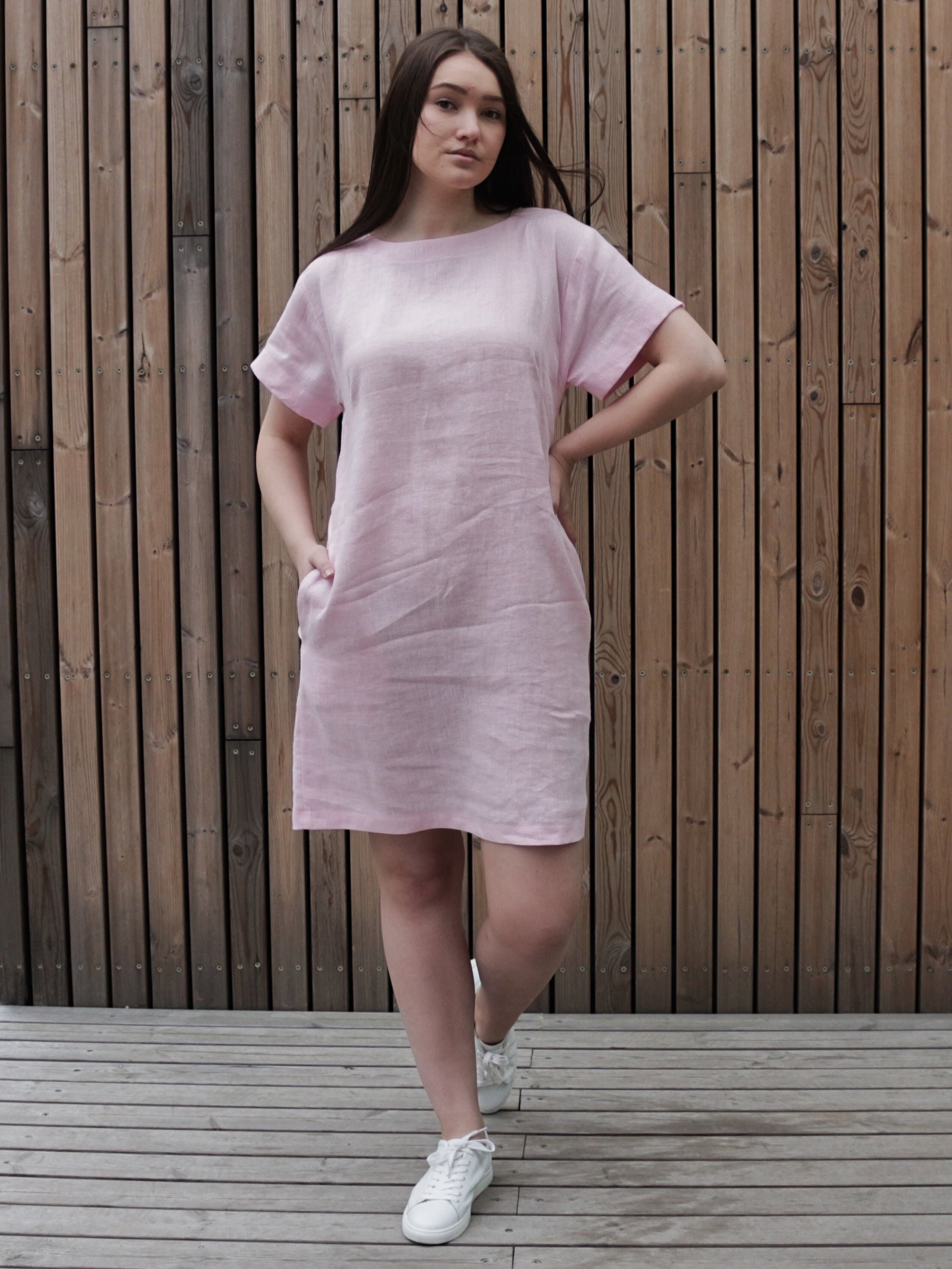 Front Pockets Pointed Linen Dress