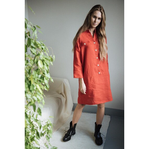 ALMA Red linen shirt-dress for women with pockets, loose linen shirt dress with buttons, oversized linen dress, handmade linen clothing