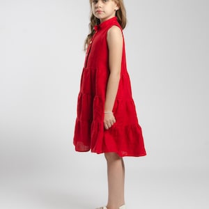 Red Linen Sleeveless Puffy Ruffles Dress For Girl, Christmas Dress, Birthday Dress, Children Clothing, Gift for daughter, loose fit dress image 8