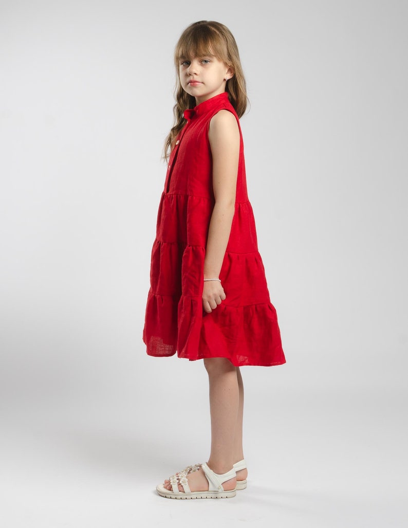 Red Linen Sleeveless Puffy Ruffles Dress For Girl, Christmas Dress, Birthday Dress, Children Clothing, Gift for daughter, loose fit dress image 8